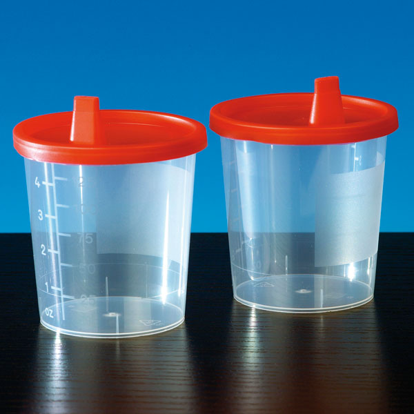 Urinbecher mit Schnappdeckel und Tülle, Urinprobenbecher